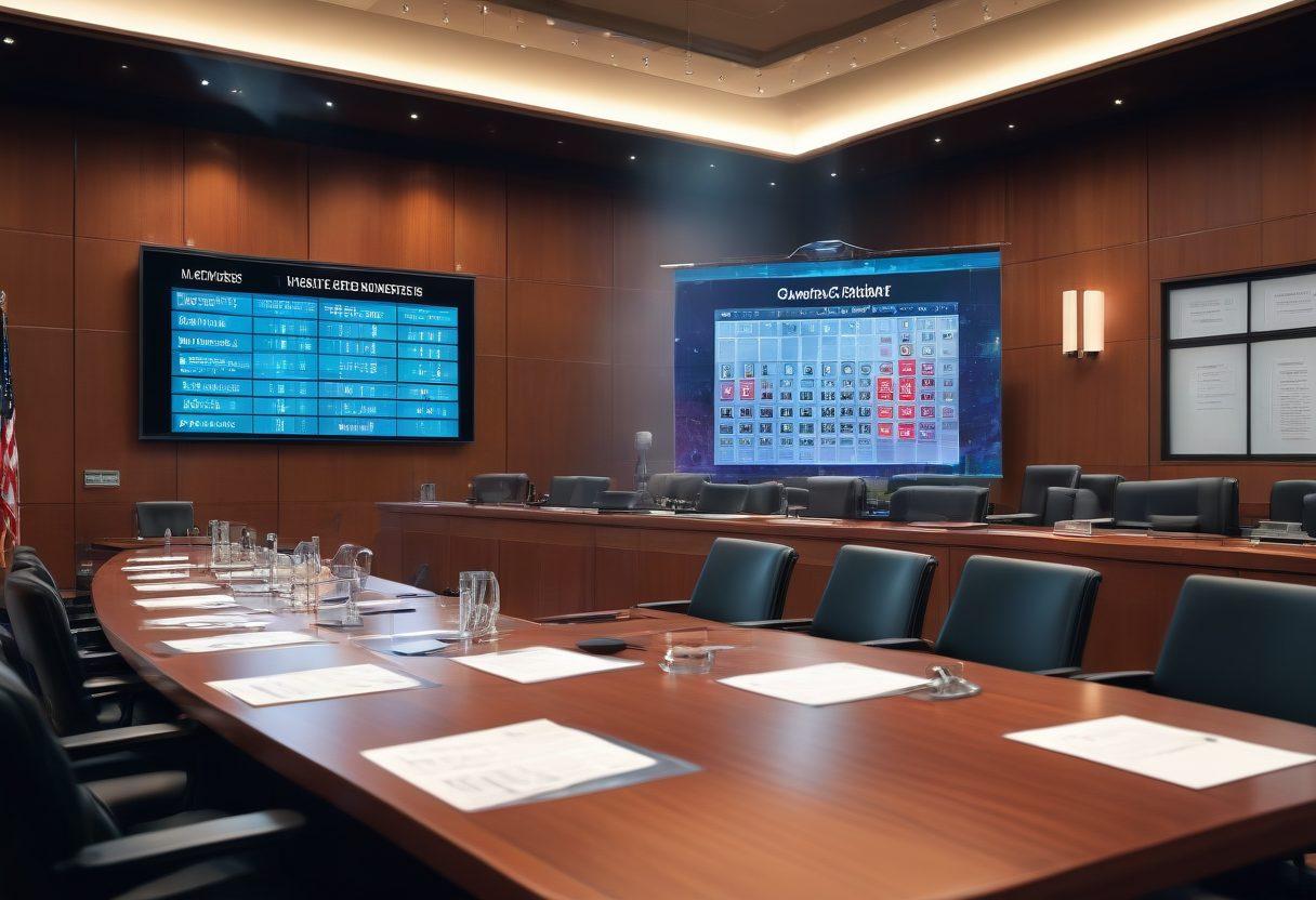 A modern courtroom scene showcasing a large digital calendar displaying upcoming court dates, with judges and lawyers engaged in animated discussion. Elements like gavel and briefs can be seen, along with notifications popping up in holographic displays. The atmosphere is dynamic and focused on readiness, hinting at the importance of staying informed. sleek, futuristic style. vibrant colors. 3D.