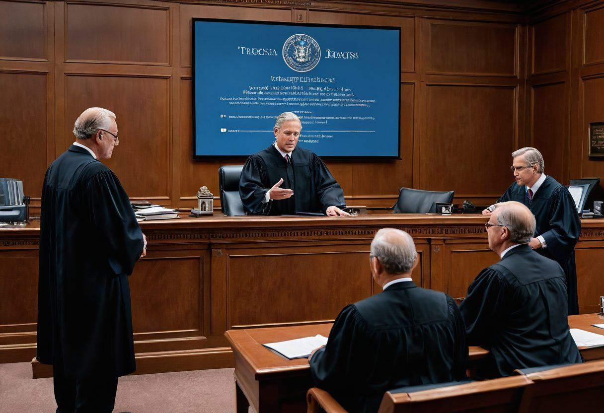 A detailed illustration of a courtroom scene featuring a judge, lawyers, and a digital display showing a court docket and event schedule. The scene captures the tension and formality of a legal setting, with a gavel and legal books in the foreground. Include elements symbolizing case management, like flowcharts and timelines. The color palette should be authoritative yet engaging, with a focus on blues and golds. super-realistic. vibrant colors. 3D.