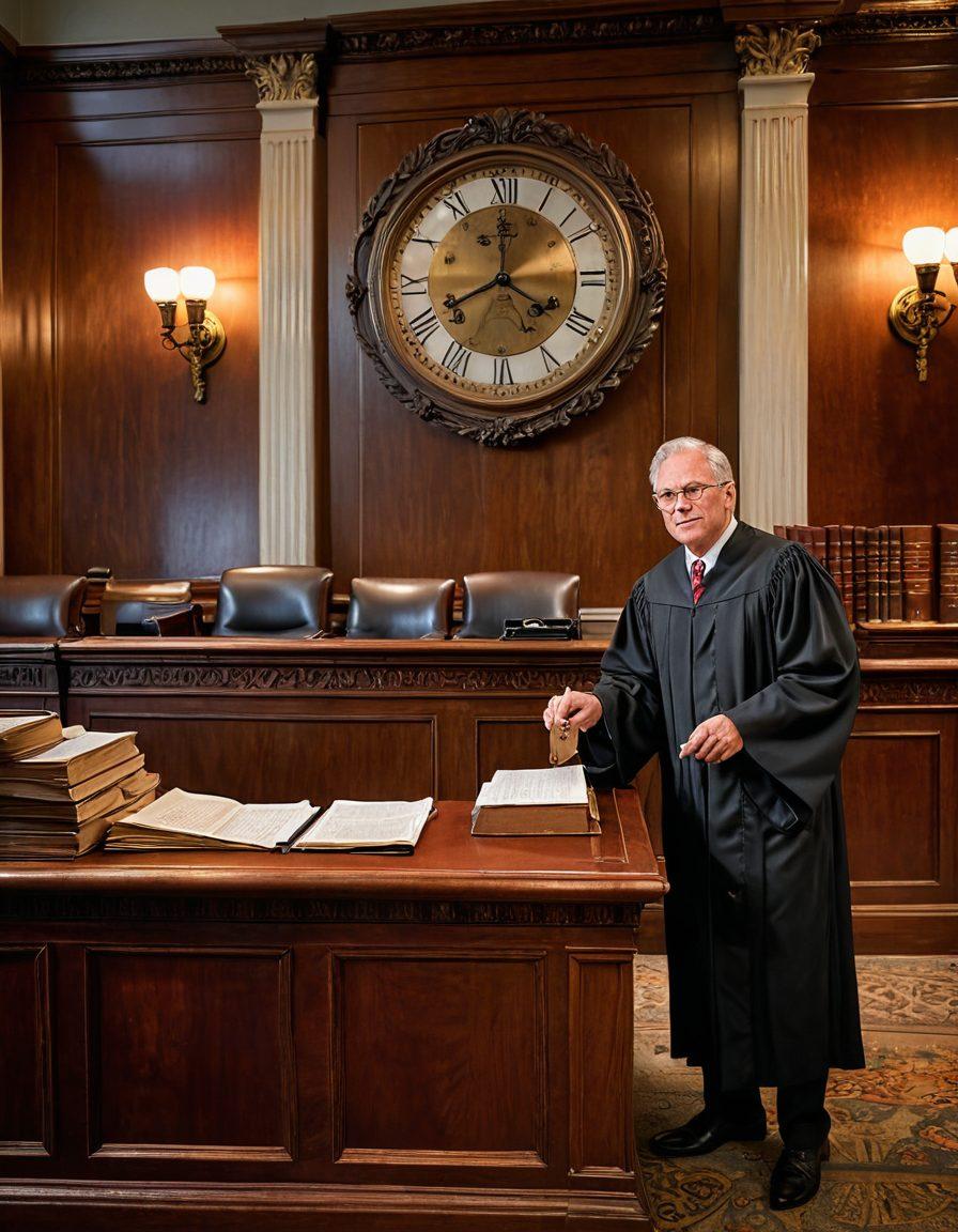 A traditional courtroom scene with a grand judge's bench, gavel resting on it, and a large wall clock indicating the time. In the foreground, a confused person holding a large map of court schedules and timetables, looking around. The background features legal books and scales of justice, with soft, warm lighting to create a welcoming atmosphere. super-realistic. vibrant colors. 3D.